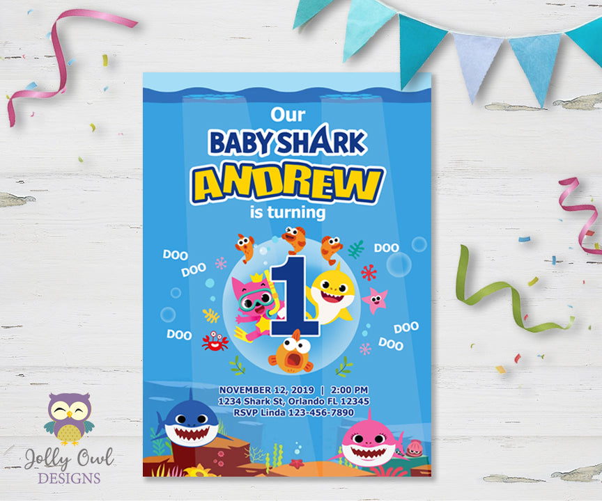 Baby Shark Birthday Party Invitation – Jolly Owl Designs